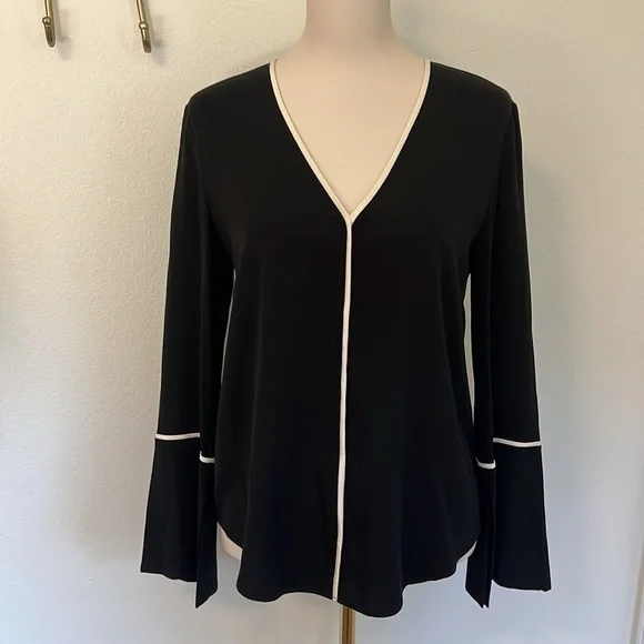 St. John Black Blouse with Creamy White Piping and Bell slit Sleeve Size Small - Picture 1 of 12